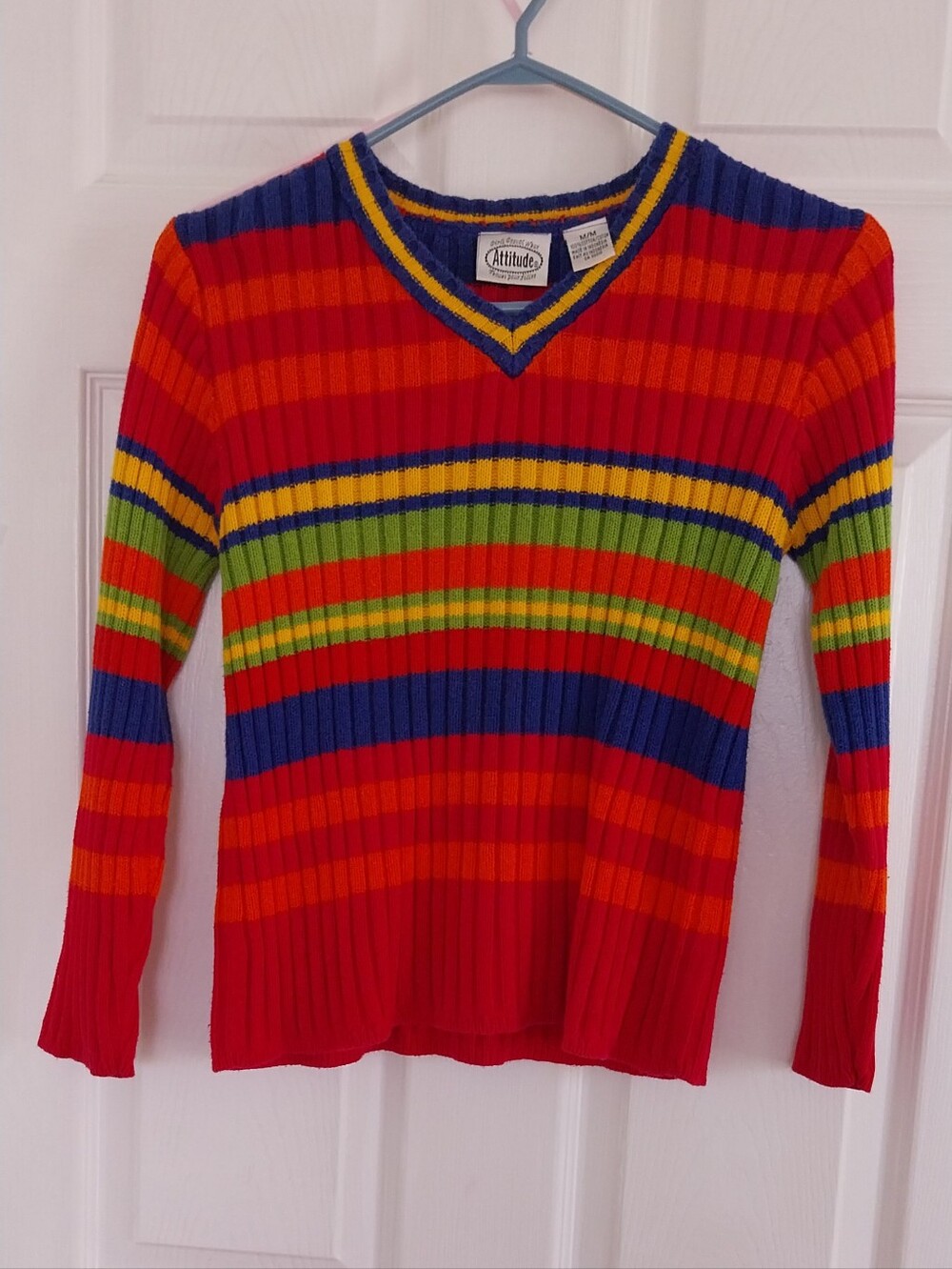 Attitude Red Ribbed V-Neck Sweater with Multicolor Stripes